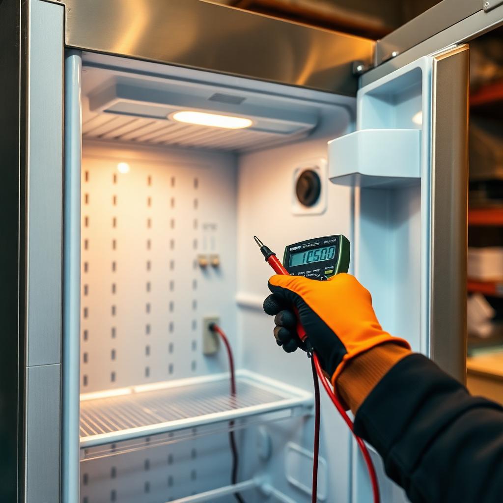 Technician testing GE refrigerator control board with a multimeter