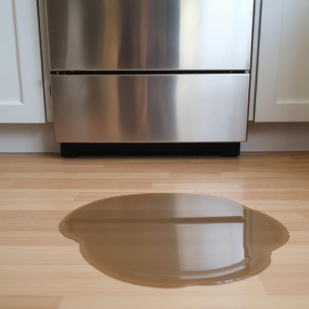 Water leak on the floor in front of a stainless steel LG dishwasher