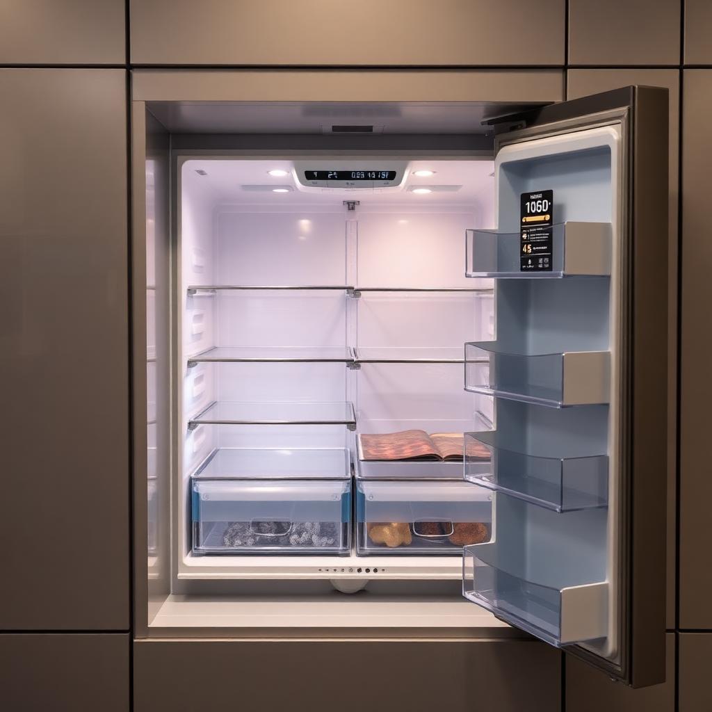 Open built-in Miele refrigerator with warm interior temperature displayed