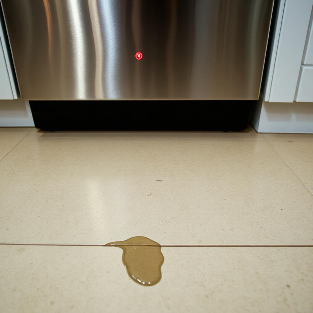 Samsung dishwasher with a water leak on the tile floor and warning indicator lit