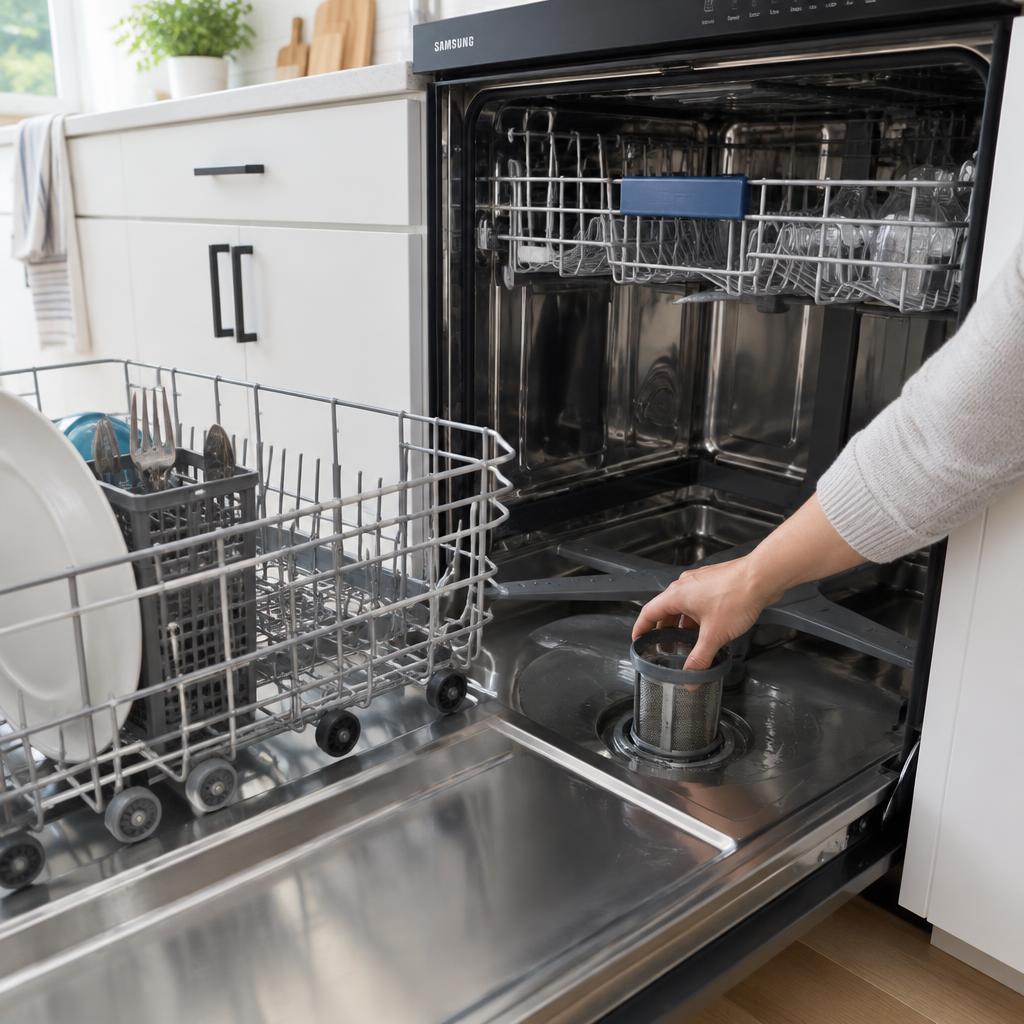 A homeowner checking the drain filter at the bottom of an open Samsung dishwasher
