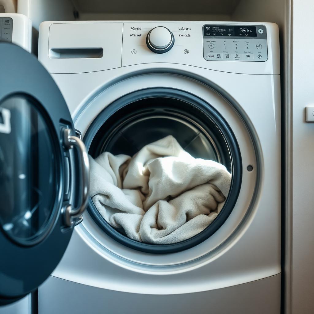 Open Samsung front-load dryer with damp clothes still inside