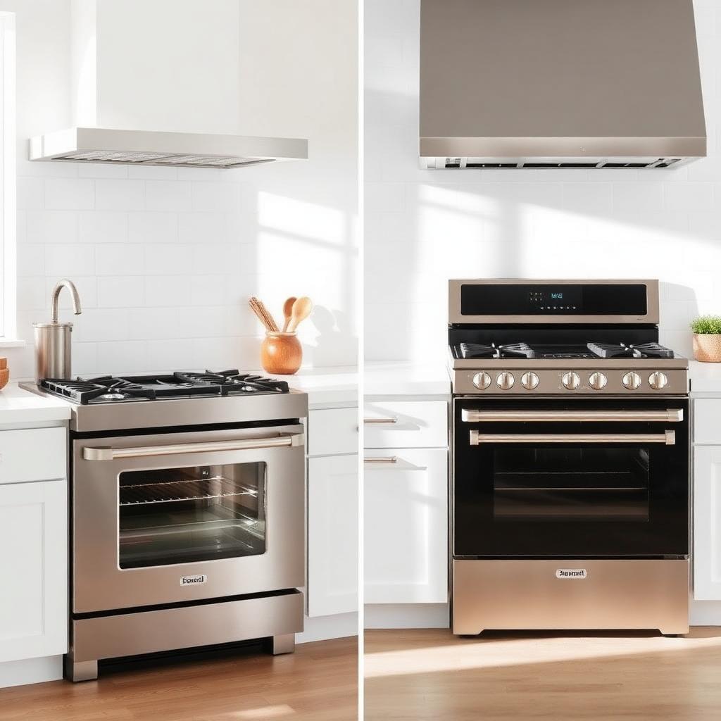 A slide-in range next to a freestanding range in a modern kitchen