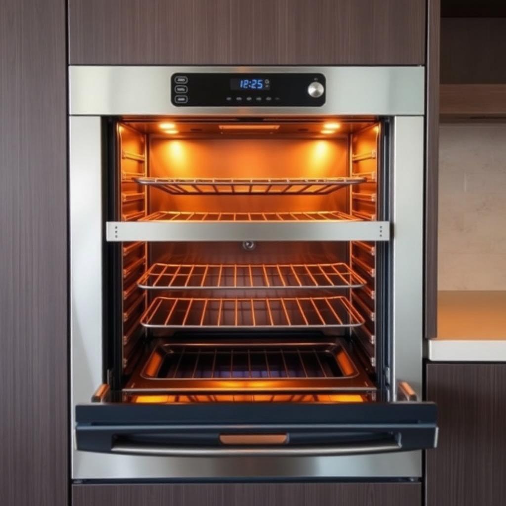 Whirlpool wall oven with the door open and bake element glowing