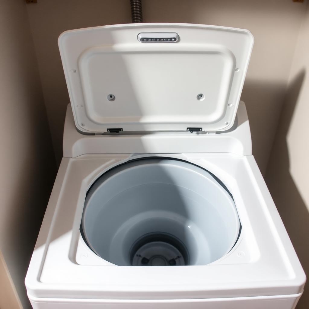 Whirlpool top-load washer with the lid open showing the empty tub